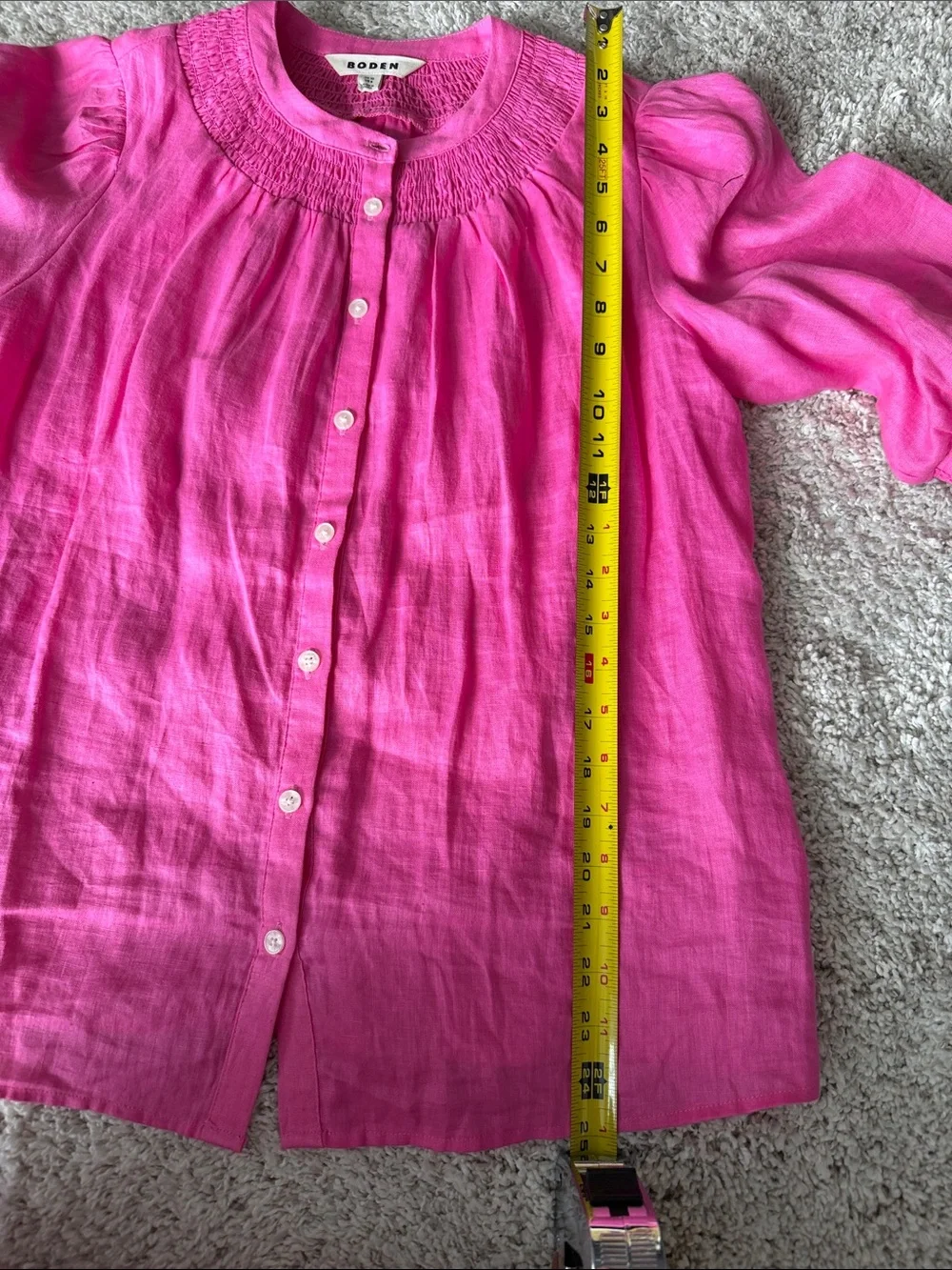 Boden Bright Pink Smocked Linen Button-Down Blouse